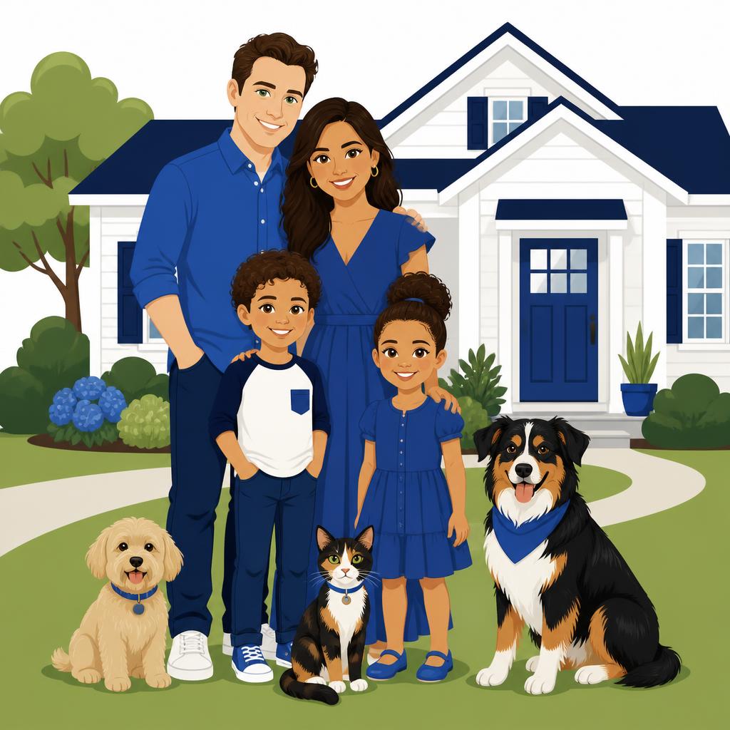 Cartoon illustration of a family with a dog and a cat in front of their home